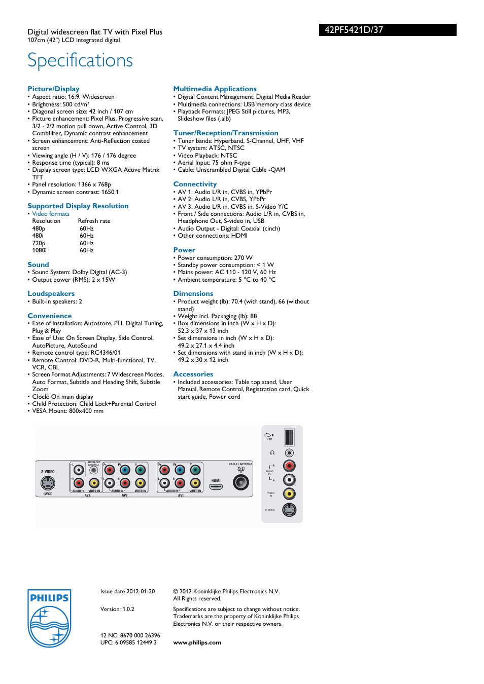 Specifications | Philips 42PF5421D-37 User Manual | Page 3 / 3