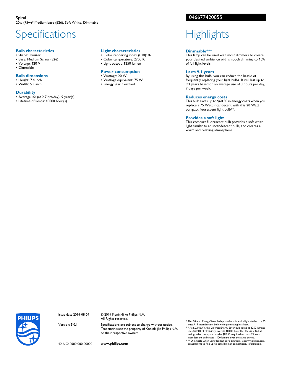 Specifications, Highlights | Philips 046677420055 User Manual | Page 2 / 2