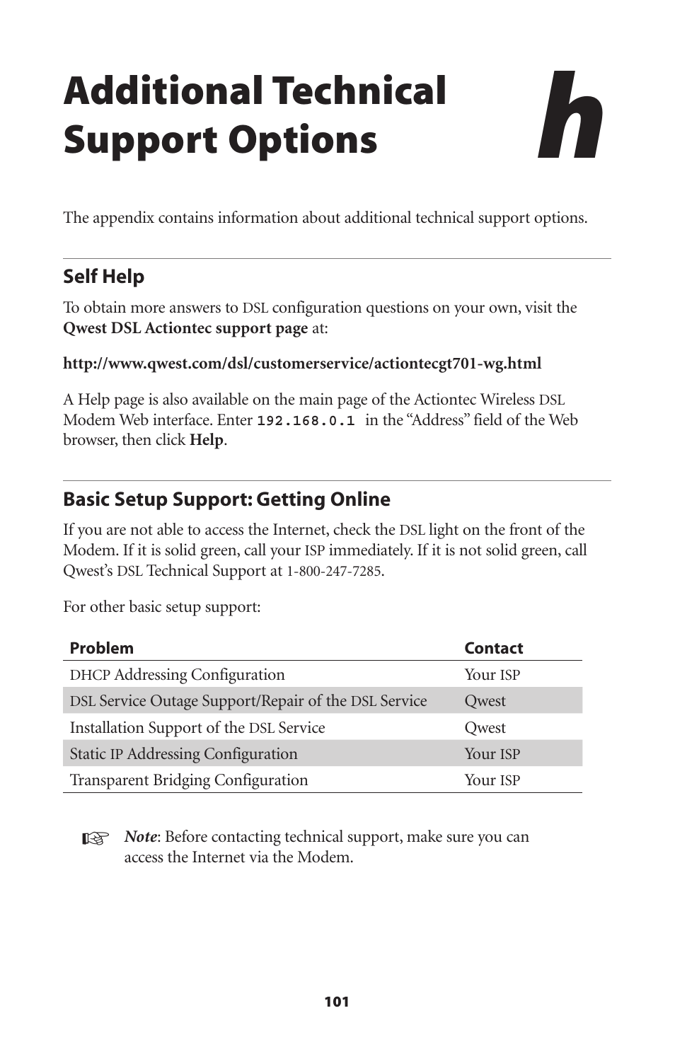 Additional technical support options, Self help, Basic setup support: getting online | 101 basic setup support: getting online | Actiontec electronic DSL Modem GT701WG-QW04 User Manual | Page 106 / 115