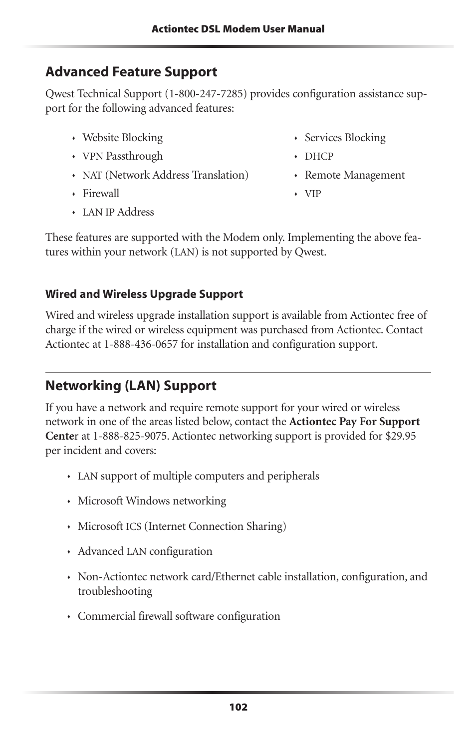 Advanced feature support, Networking (lan) support, 102 networking (lan) support | Actiontec electronic DSL Modem GT701WG-QW04 User Manual | Page 107 / 115