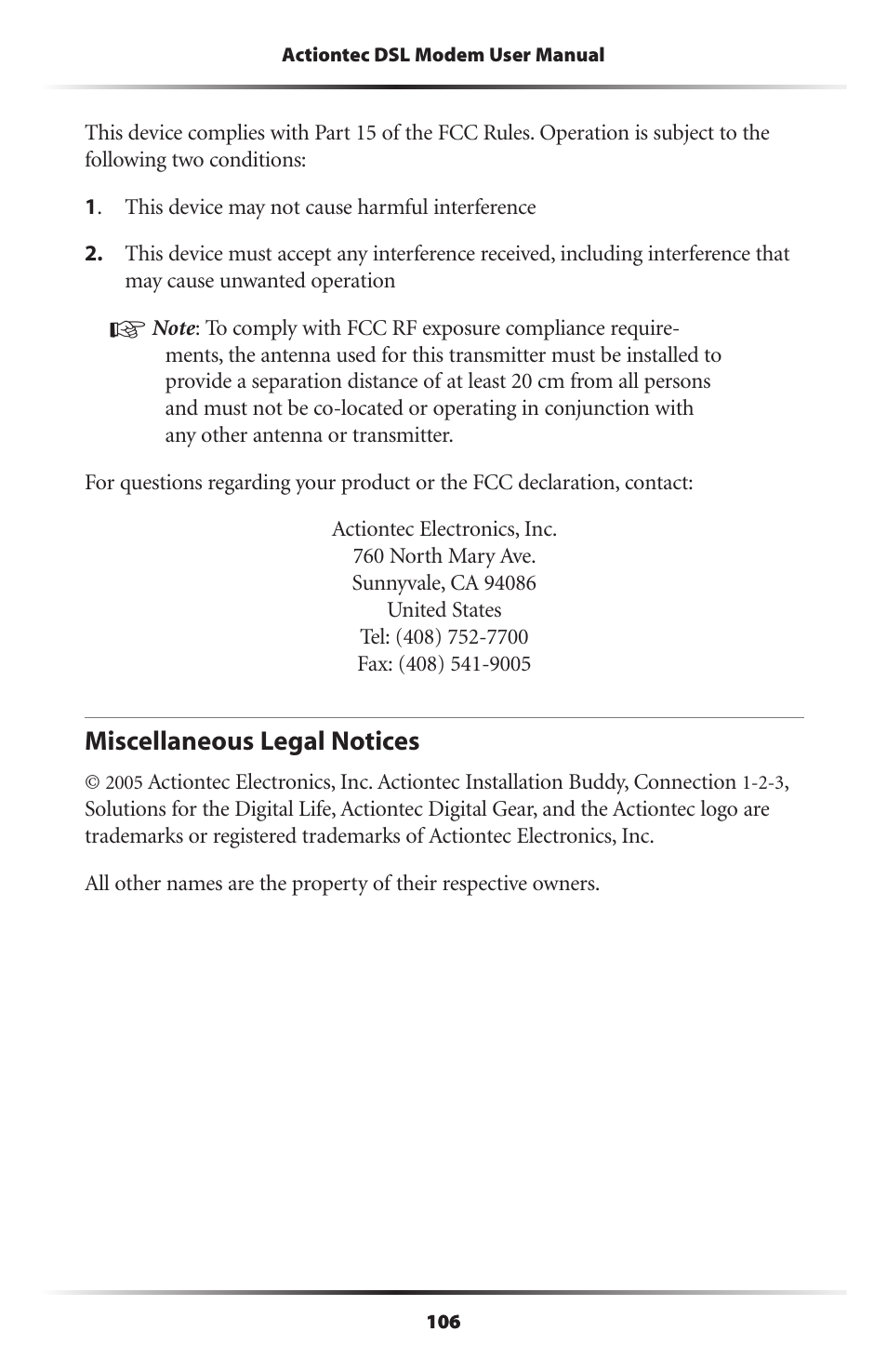 Miscellaneous legal notices | Actiontec electronic DSL Modem GT701WG-QW04 User Manual | Page 111 / 115
