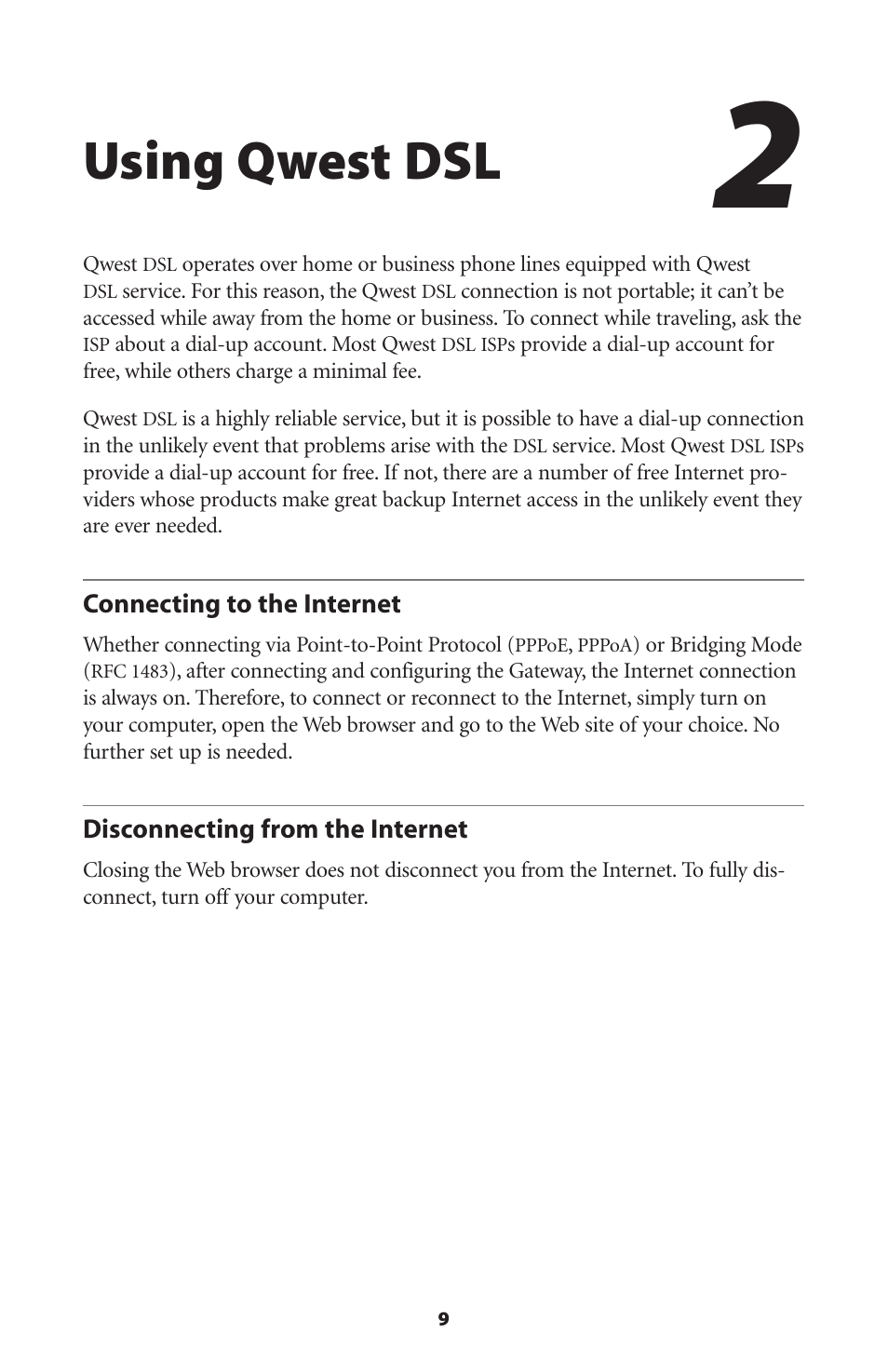 Using qwest dsl, Connecting to the internet, Disconnecting from the internet | 9 disconnecting from the internet | Actiontec electronic DSL Modem GT701WG-QW04 User Manual | Page 14 / 115