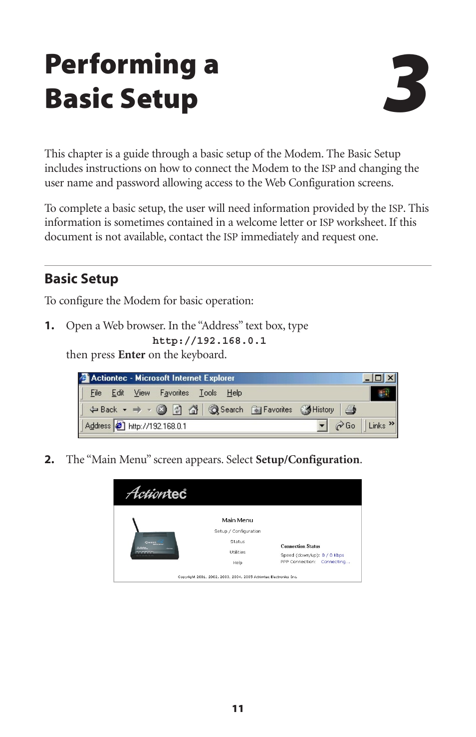 Performing a basic setup, Basic setup | Actiontec electronic DSL Modem GT701WG-QW04 User Manual | Page 16 / 115