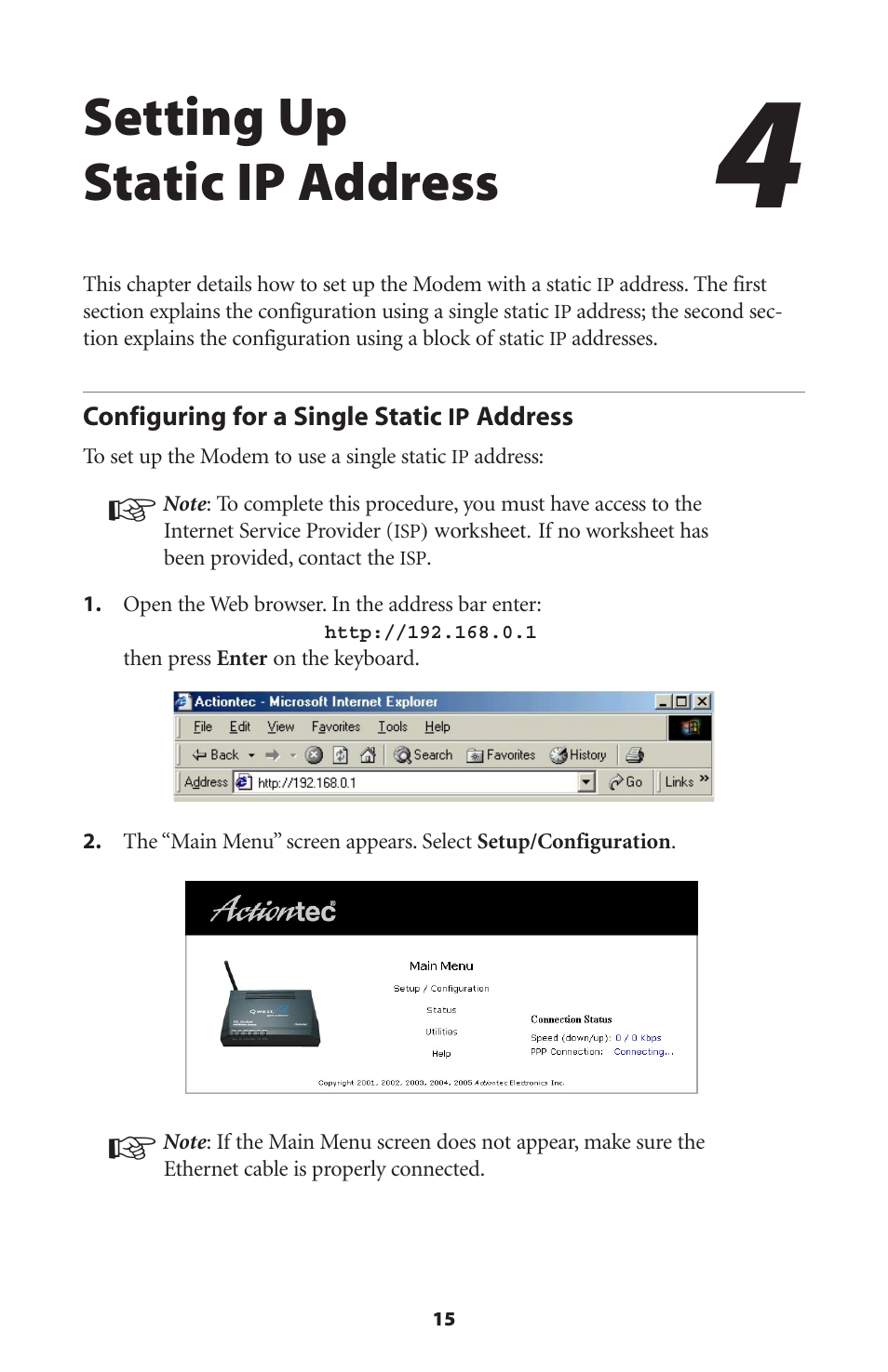 Setting up static ip address, Configuring for a single static ip address | Actiontec electronic DSL Modem GT701WG-QW04 User Manual | Page 20 / 115