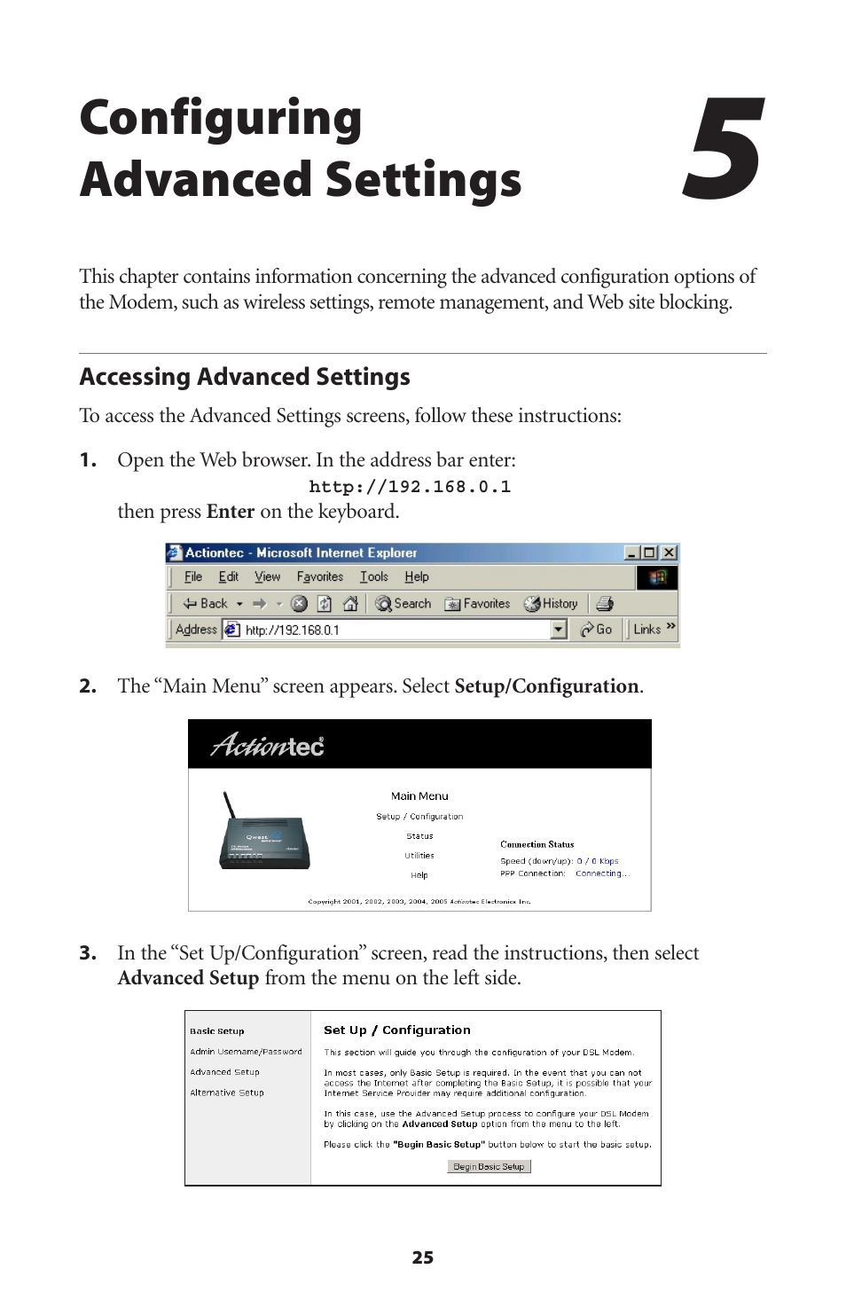 Configuring advanced settings, Accessing advanced settings | Actiontec electronic DSL Modem GT701WG-QW04 User Manual | Page 30 / 115