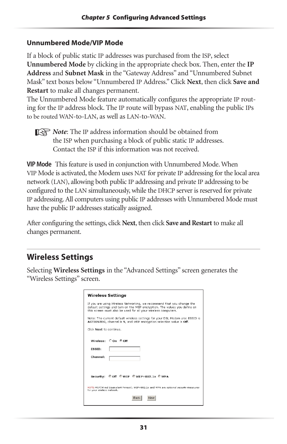 Wireless settings | Actiontec electronic DSL Modem GT701WG-QW04 User Manual | Page 36 / 115