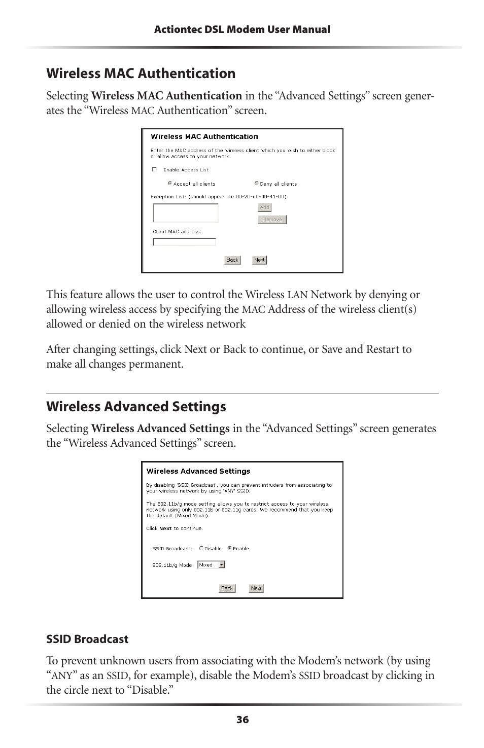 Wireless mac authentication, Wireless advanced settings, 36 wireless advanced settings | Actiontec electronic DSL Modem GT701WG-QW04 User Manual | Page 41 / 115