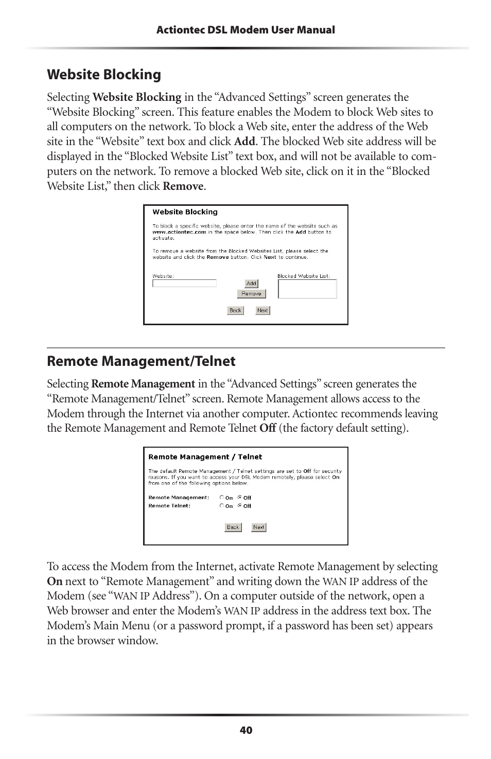 Website blocking, Remote management/telnet, 40 remote management/telnet | Actiontec electronic DSL Modem GT701WG-QW04 User Manual | Page 45 / 115