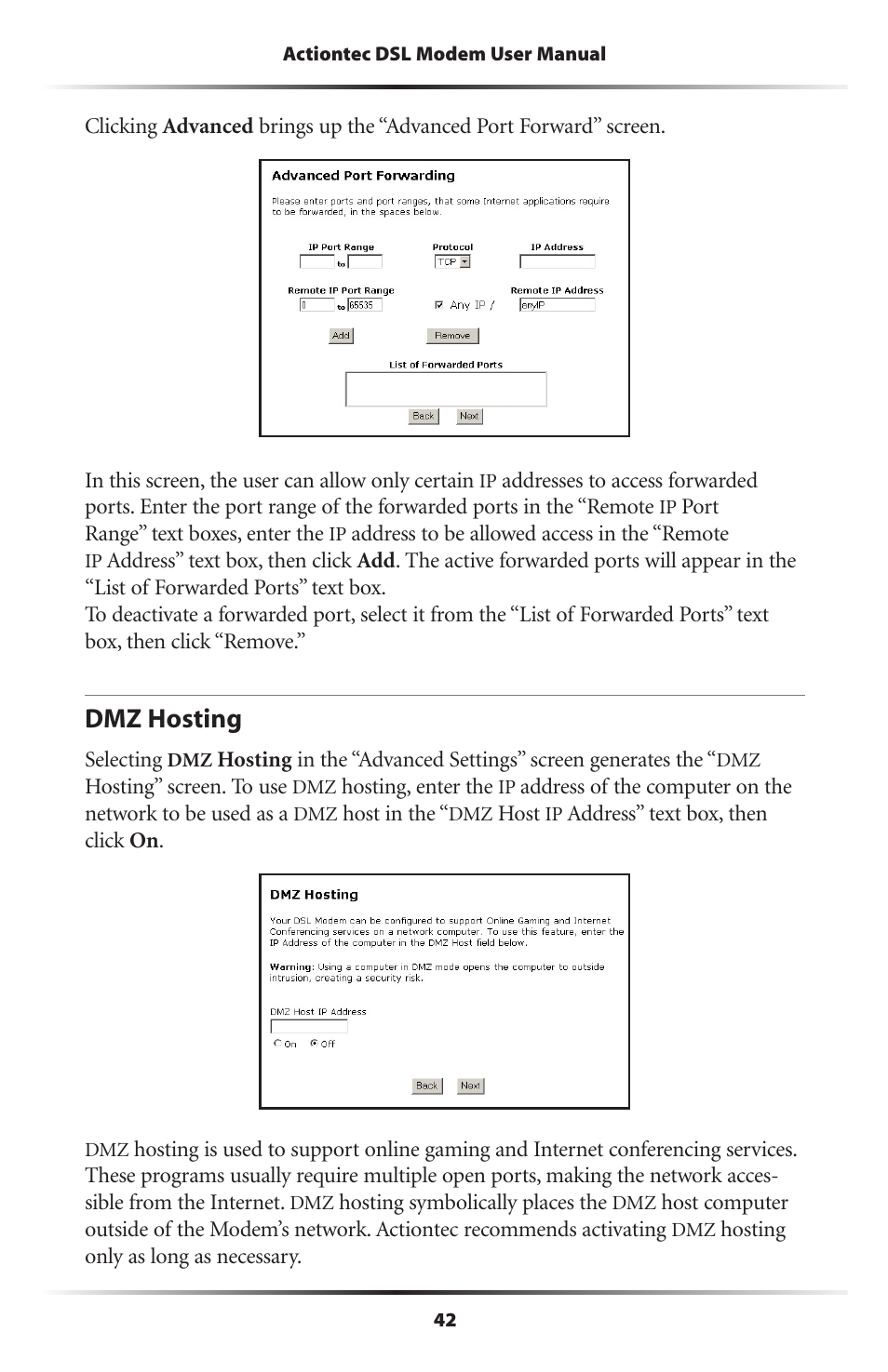 Dmz hosting | Actiontec electronic DSL Modem GT701WG-QW04 User Manual | Page 47 / 115