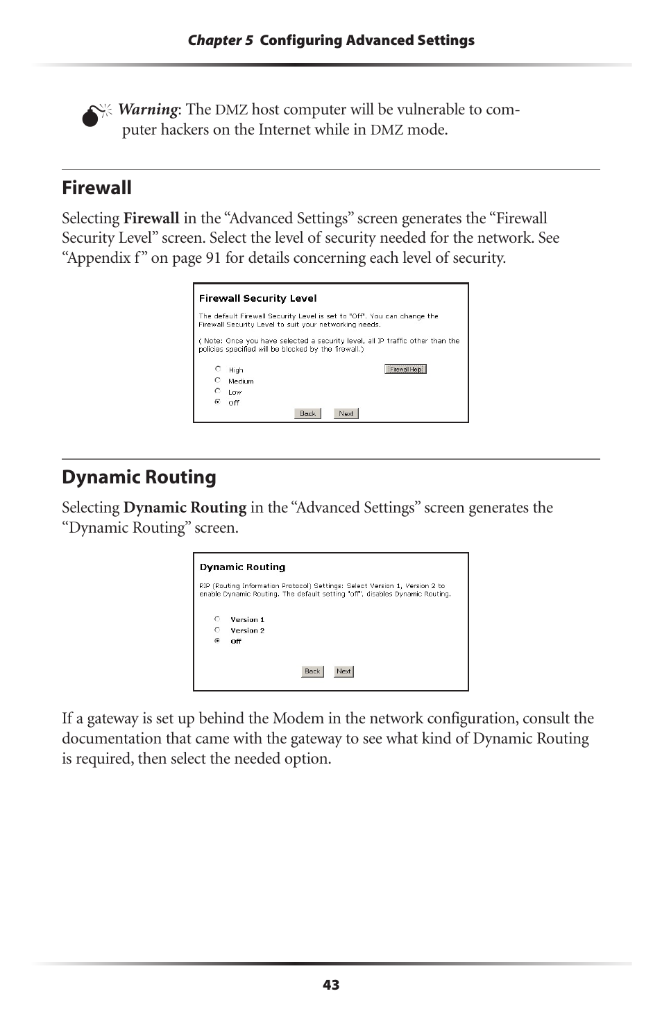 Firewall, Dynamic routing, 43 dynamic routing | Actiontec electronic DSL Modem GT701WG-QW04 User Manual | Page 48 / 115