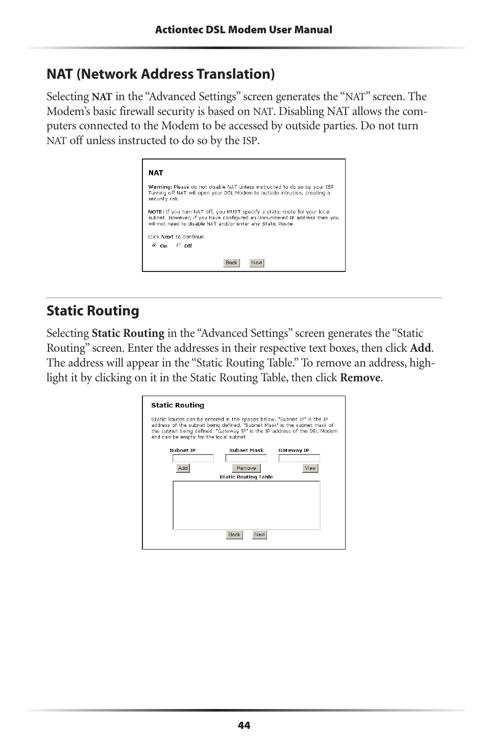 Nat (network address translation), Static routing, 44 static routing | Actiontec electronic DSL Modem GT701WG-QW04 User Manual | Page 49 / 115