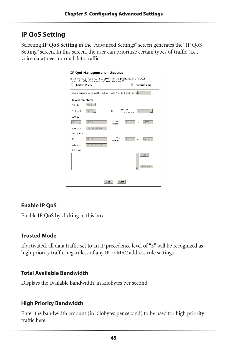 Ip qos setting | Actiontec electronic DSL Modem GT701WG-QW04 User Manual | Page 50 / 115