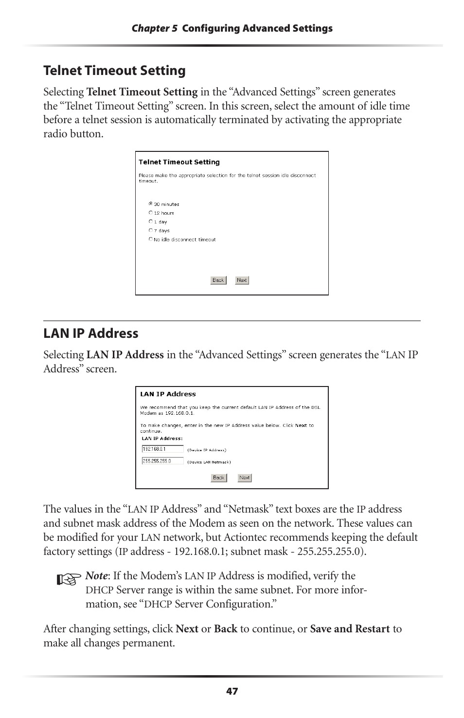Telnet timeout setting, Lan ip address, 47 lan ip address | Actiontec electronic DSL Modem GT701WG-QW04 User Manual | Page 52 / 115