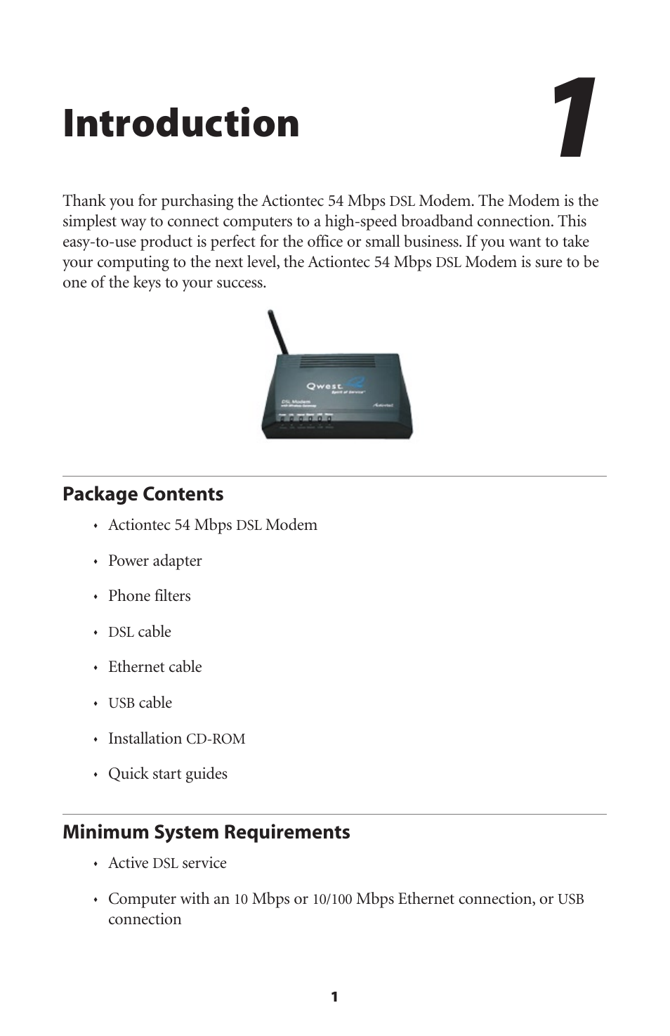 Introduction, Package contents, Minimum system requirements | 1 minimum system requirements | Actiontec electronic DSL Modem GT701WG-QW04 User Manual | Page 6 / 115