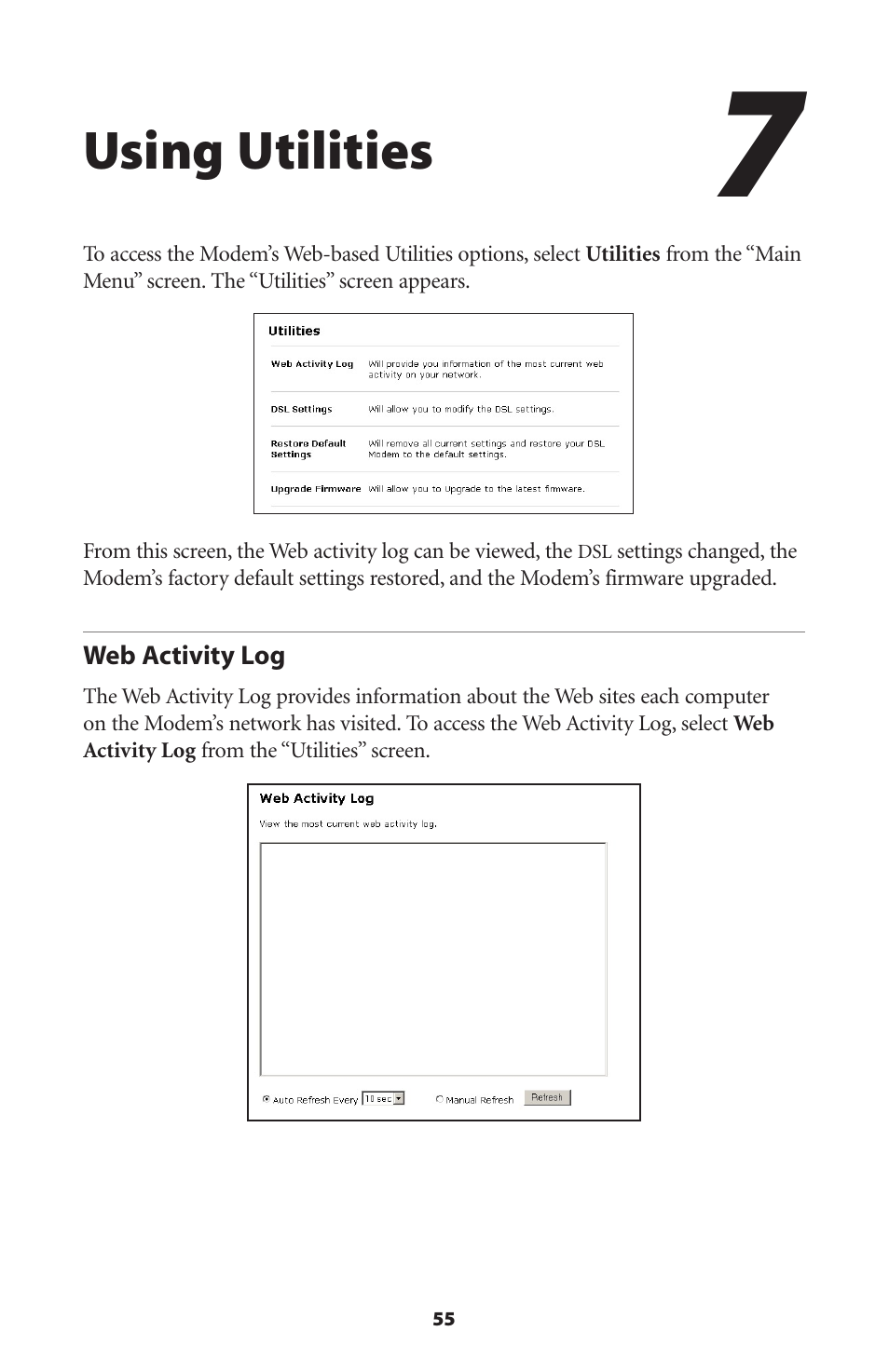 Using utilities, Web activity log | Actiontec electronic DSL Modem GT701WG-QW04 User Manual | Page 60 / 115