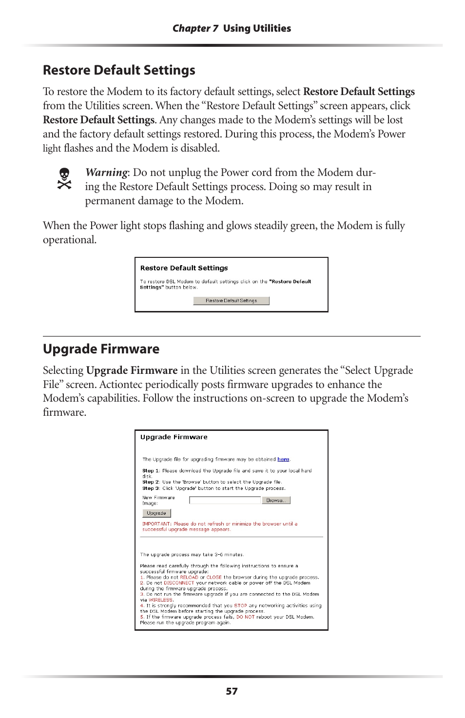Restore default settings, Upgrade firmware, 57 upgrade firmware | Actiontec electronic DSL Modem GT701WG-QW04 User Manual | Page 62 / 115