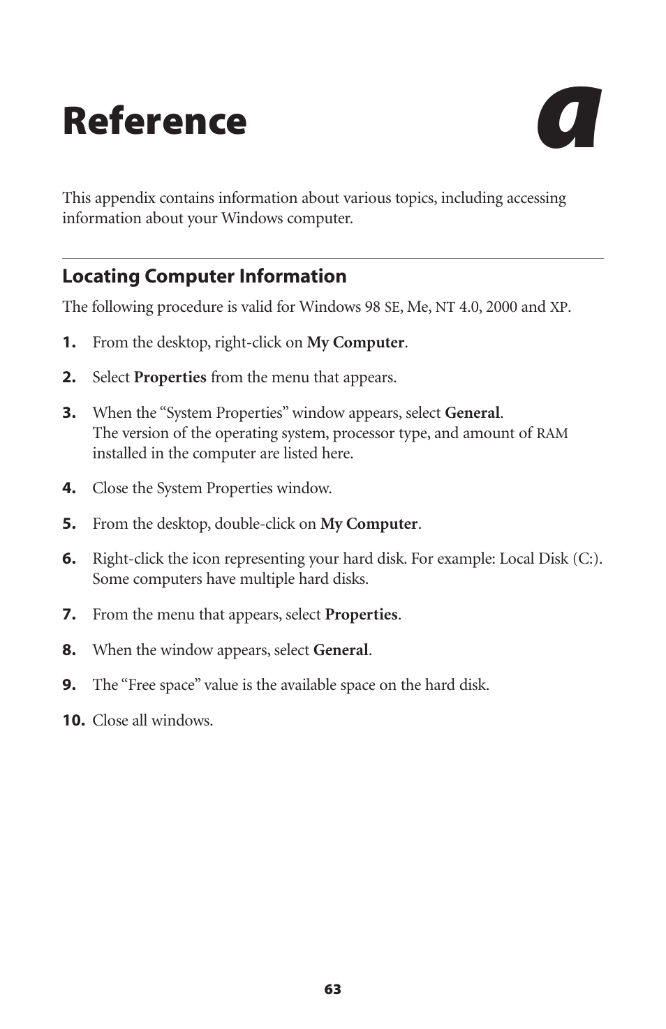 Reference, Locating computer information | Actiontec electronic DSL Modem GT701WG-QW04 User Manual | Page 68 / 115