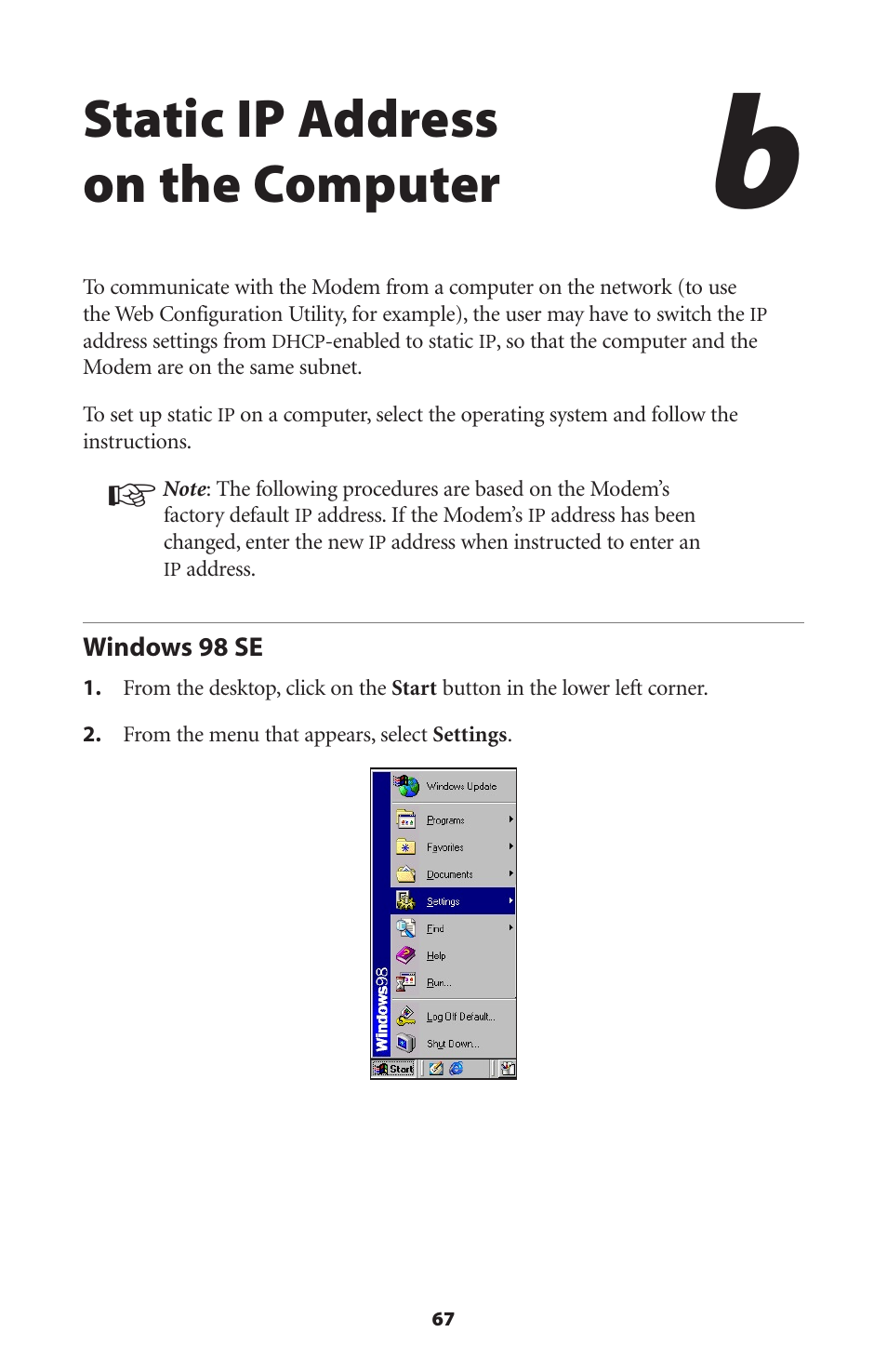 Static ip address on the computer, Windows 98 se | Actiontec electronic DSL Modem GT701WG-QW04 User Manual | Page 72 / 115