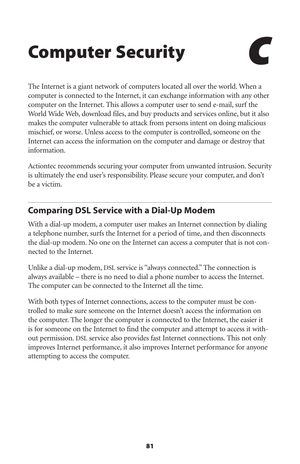 Computer security, Comparing dsl service with a dial-up modem | Actiontec electronic DSL Modem GT701WG-QW04 User Manual | Page 86 / 115