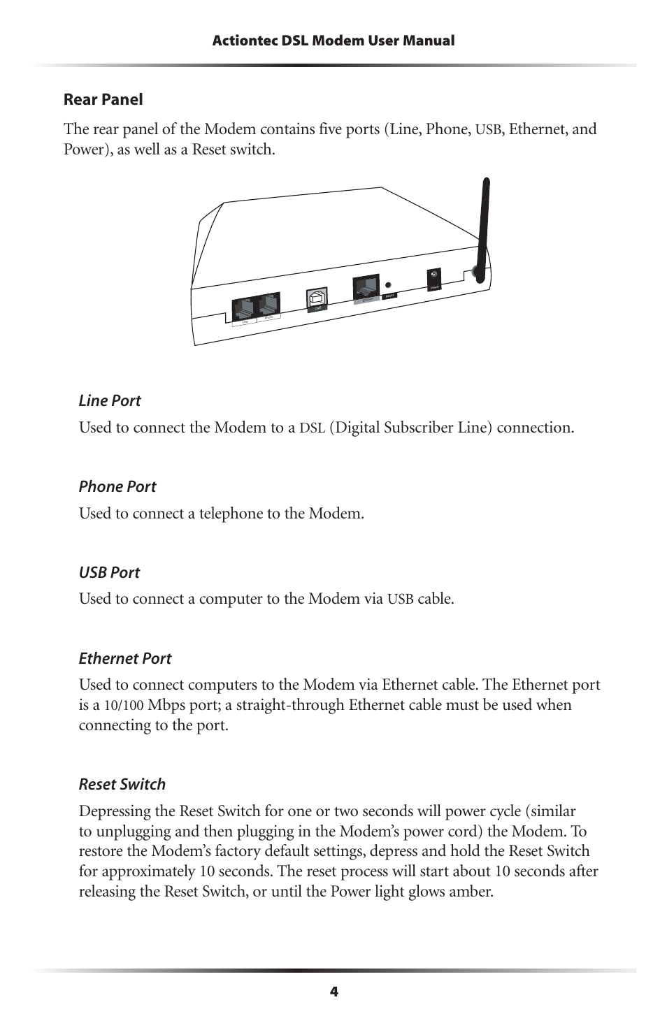 Ethernet, and power), as well as a reset switch, Line port used to connect the modem to a | Actiontec electronic DSL Modem GT701WG-QW04 User Manual | Page 9 / 115