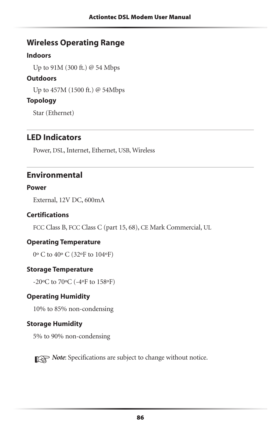 Wireless operating range, Led indicators, Environmental | 86 led indicators, 86 environmental | Actiontec electronic DSL Modem GT701WG-QW04 User Manual | Page 91 / 115