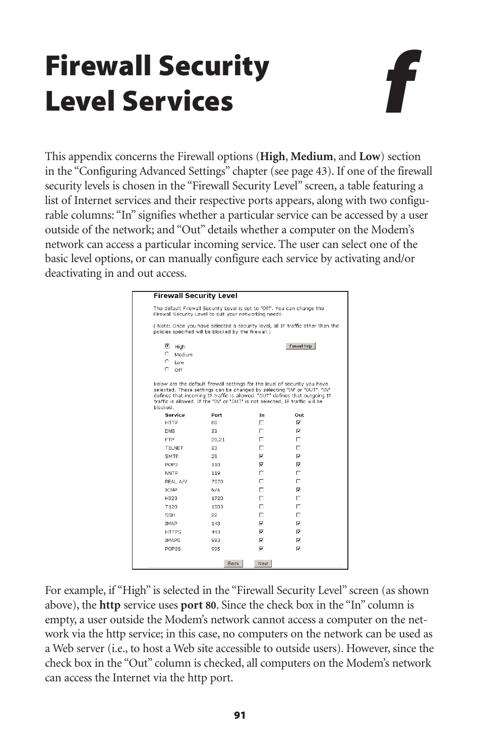 Firewall security level services | Actiontec electronic DSL Modem GT701WG-QW04 User Manual | Page 96 / 115
