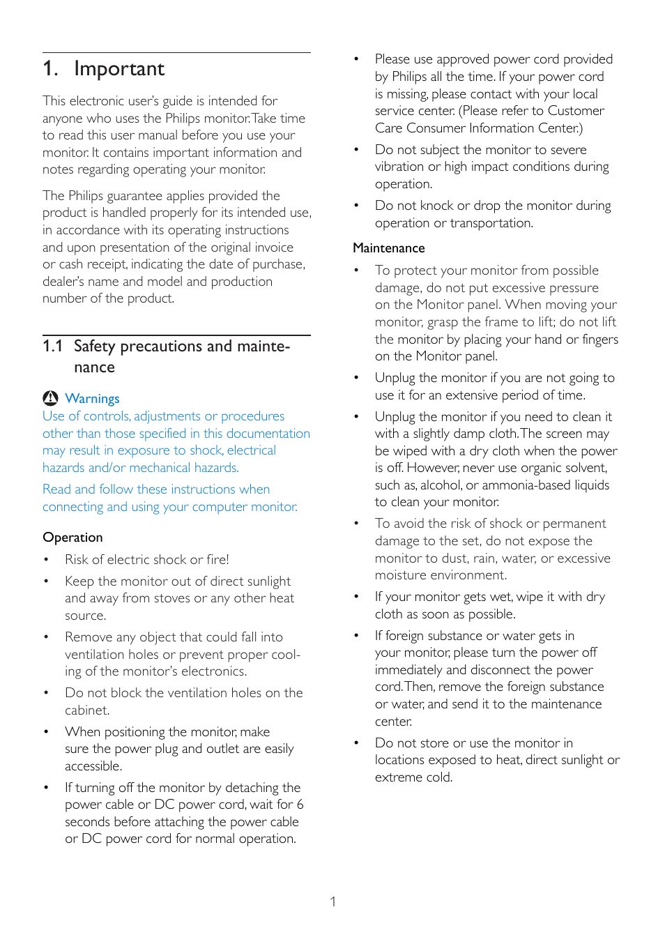 Important, 1 safety precautions and mainte- nance | Philips 224CL2SB-00 User Manual | Page 3 / 50