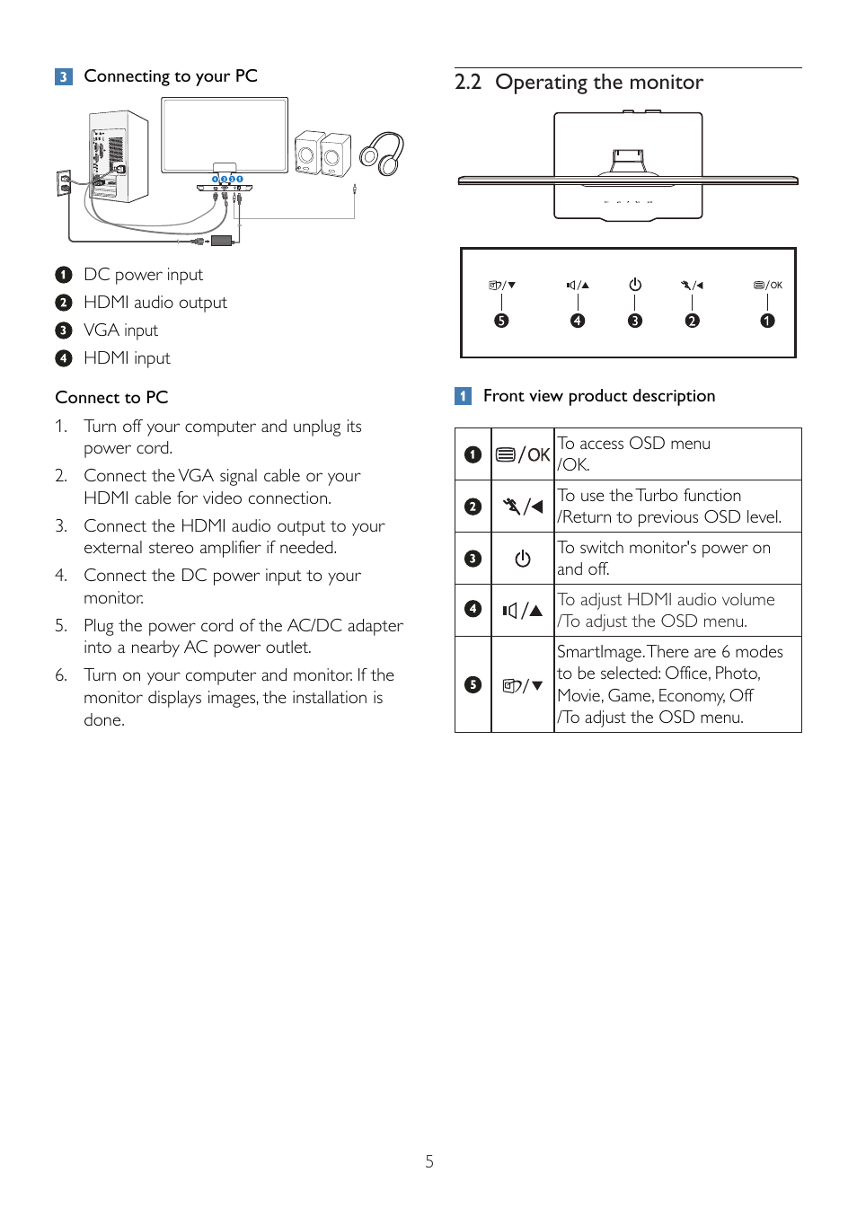 2 operating the monitor | Philips 224CL2SB-00 User Manual | Page 7 / 50