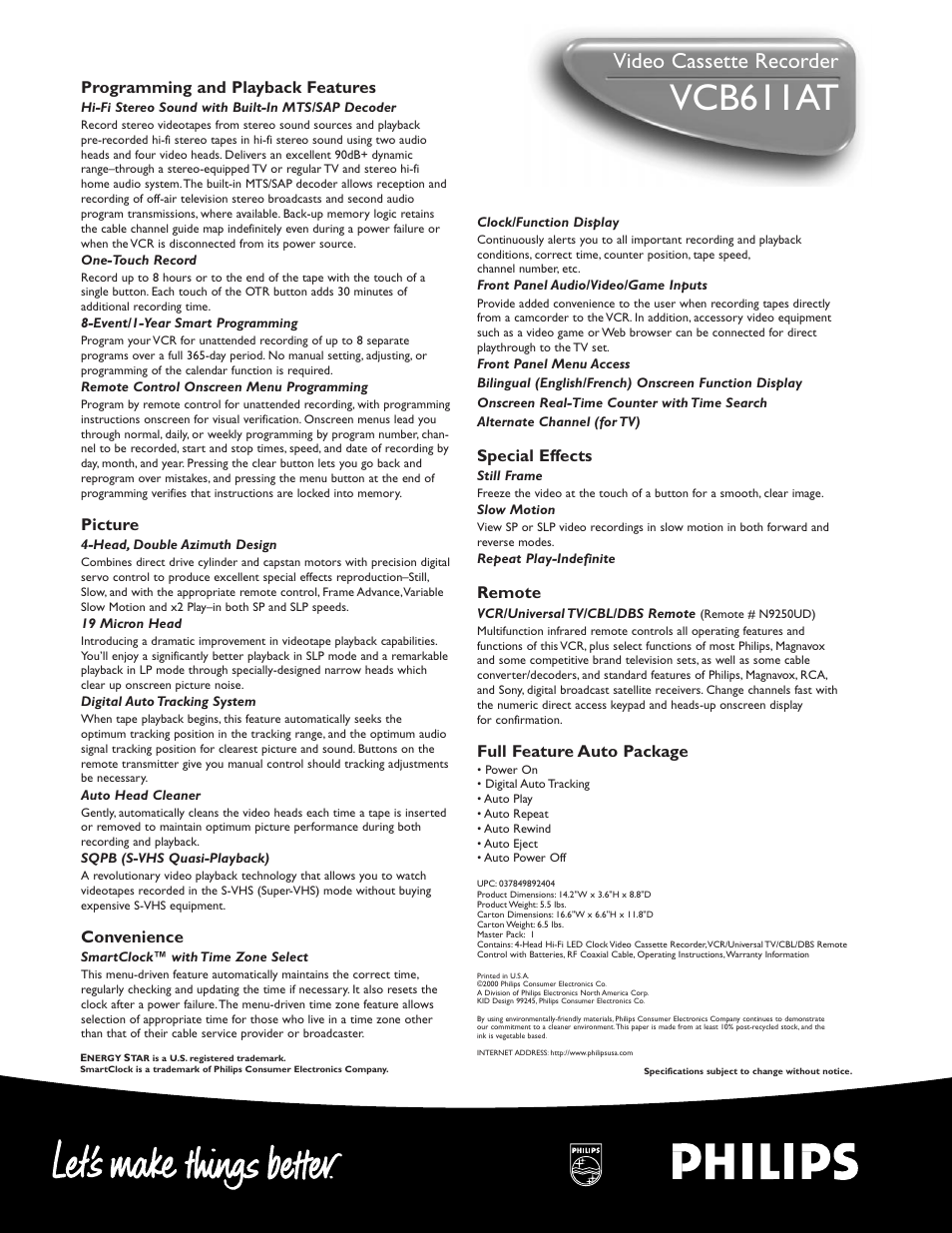 Vcb611at, Video cassette recorder, Special effects | Remote, Full feature auto package, Programming and playback features, Picture, Convenience | Philips 4 HD HIFI LED CLOCK User Manual | Page 2 / 2