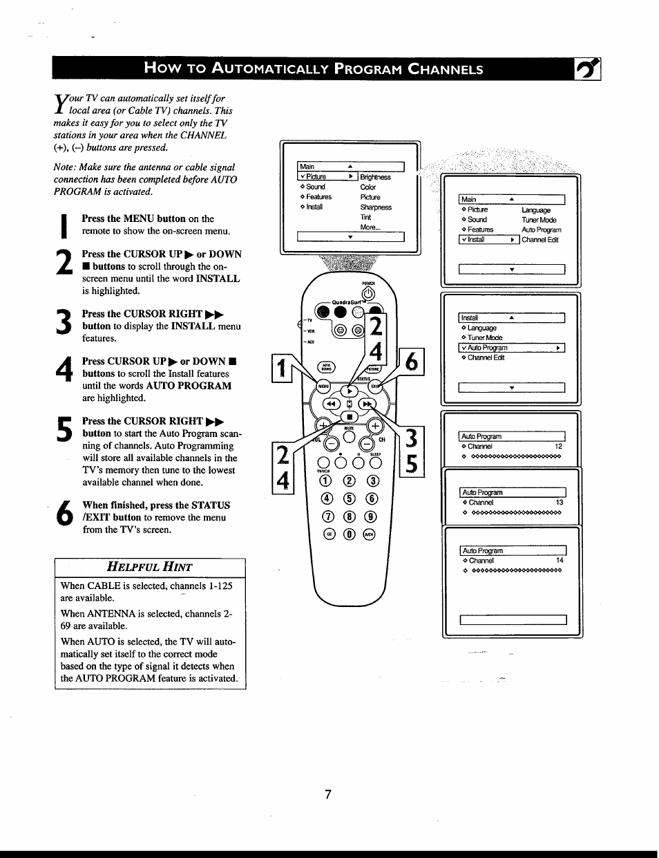 Helpful hint | Philips 32" Color TV Faux Flat w-active control User Manual | Page 13 / 46