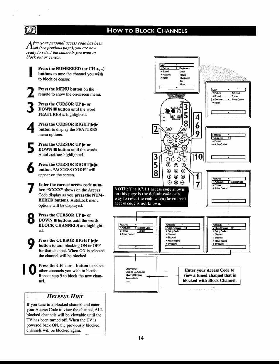 Helpful hint, Lock, Hannels | Philips 32" Color TV Faux Flat w-active control User Manual | Page 20 / 46