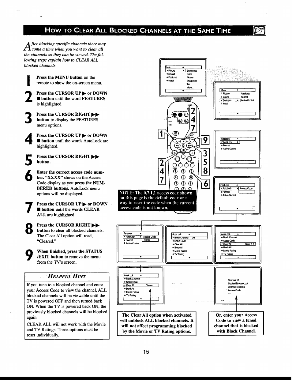 How to clear all blocked channels at the same time, Helpful hint, How to block all channels at the same time | Philips 32" Color TV Faux Flat w-active control User Manual | Page 21 / 46