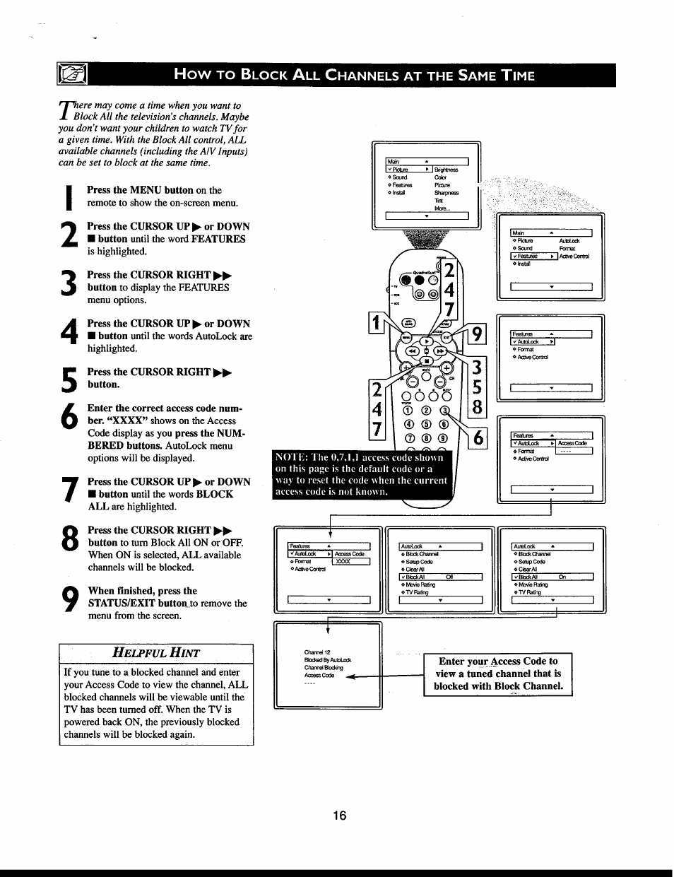 Helpful hint, Lock, Hannels | Philips 32" Color TV Faux Flat w-active control User Manual | Page 22 / 46