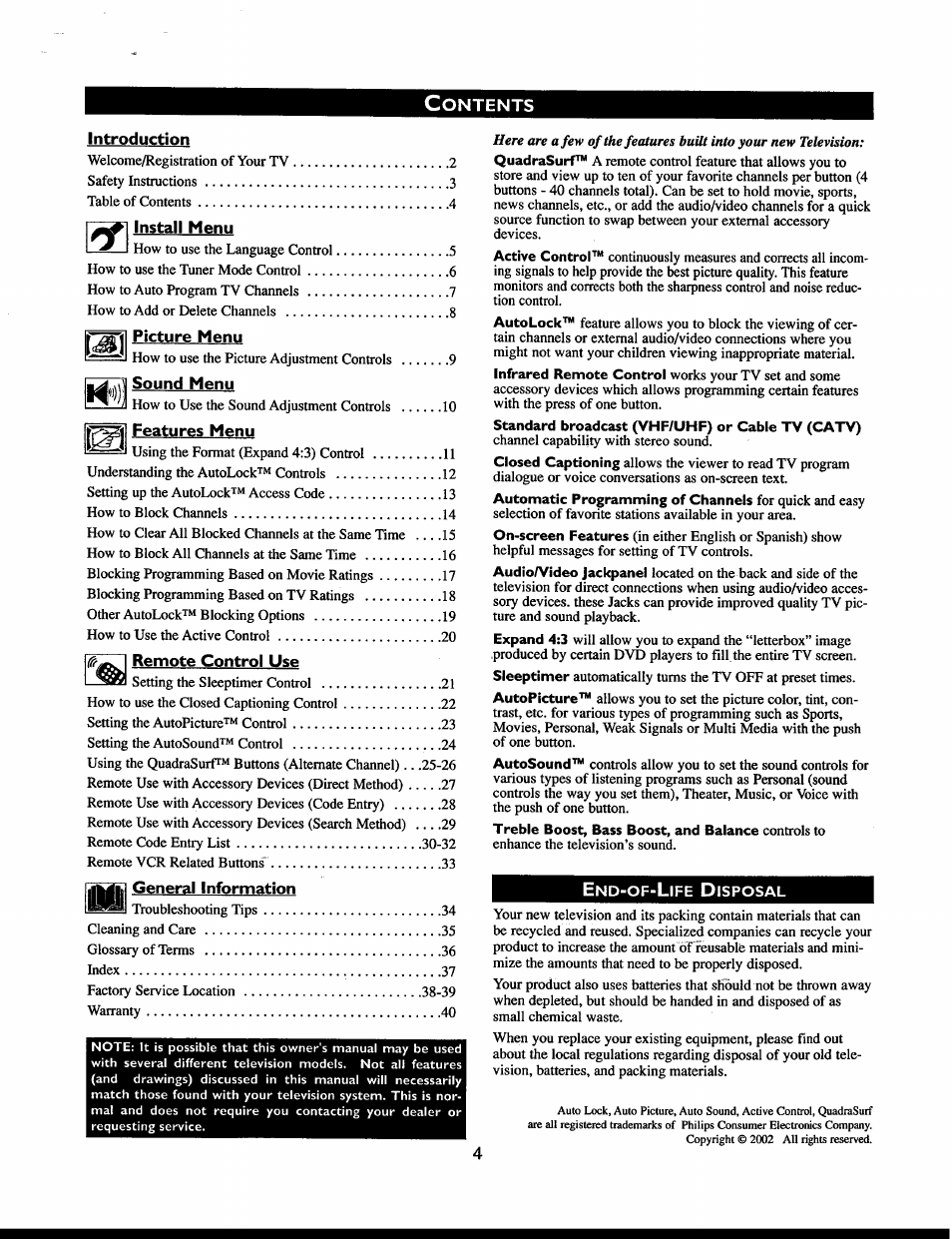 Philips 32" Color TV Faux Flat w-active control User Manual | Page 4 / 46