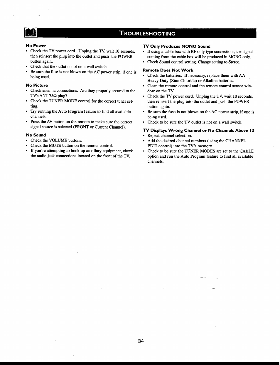 T roubleshooting, No power, No picture | No sound, Tv only produces mono sound, Remote does not work, Troubleshooting tips | Philips 32" Color TV Faux Flat w-active control User Manual | Page 40 / 46