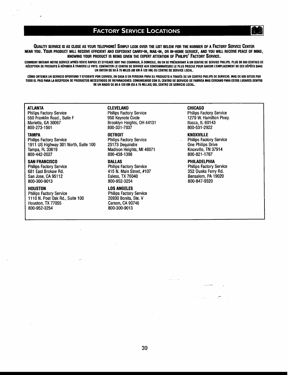 Actory, Ervice, Ocations | Philips 32" Color TV Faux Flat w-active control User Manual | Page 45 / 46