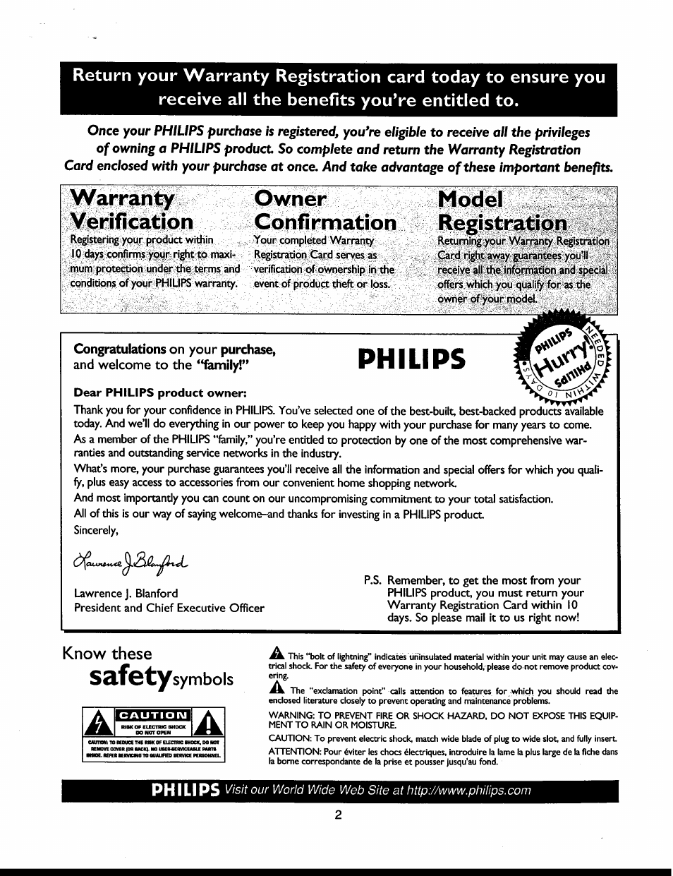 Dear philips product owner, Philips, Warranty verification | Owner confirmation, Model registration, Know these s3.f©ty symbols | Philips 32" Color TV Faux Flat w-active control User Manual | Page 8 / 46