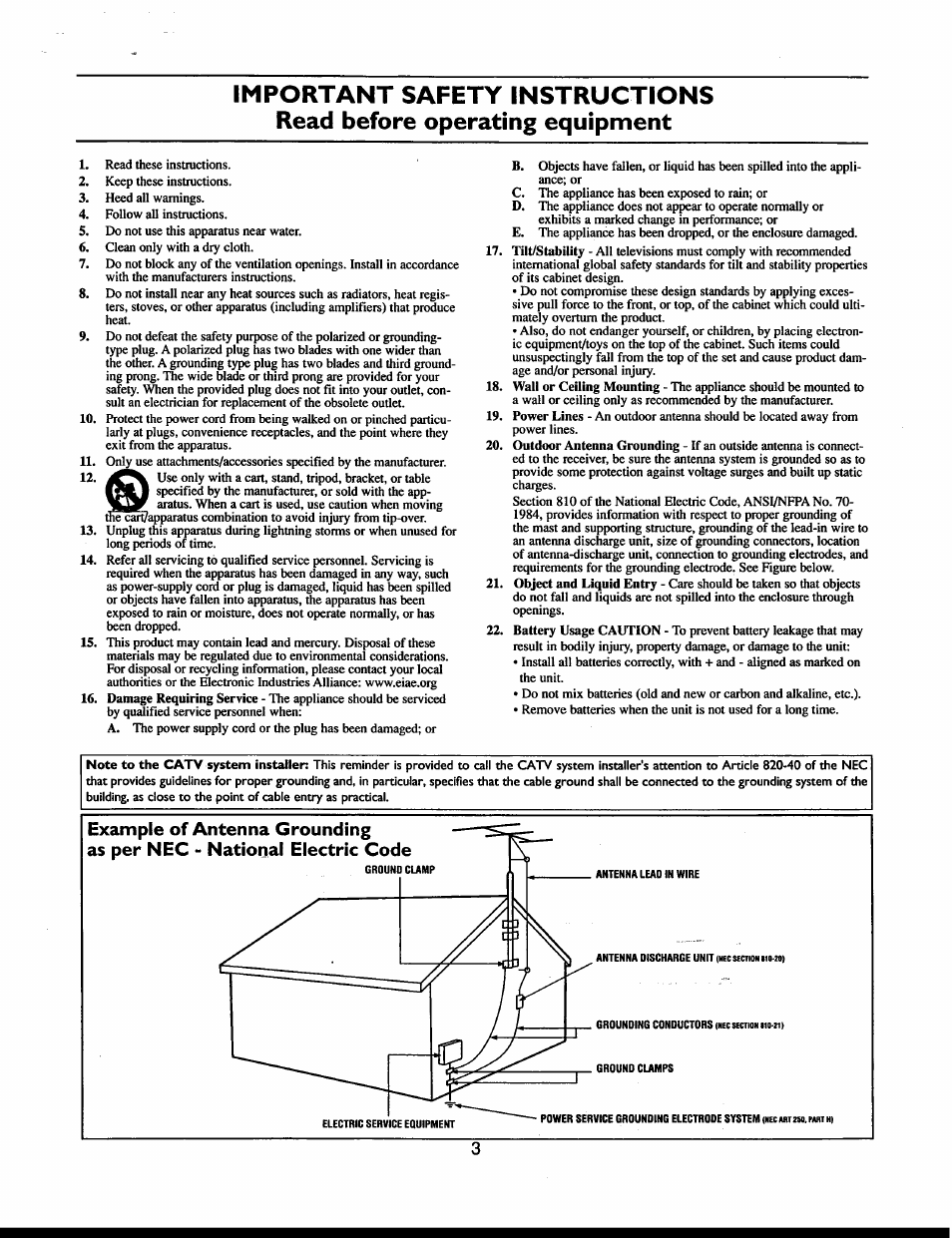 Important safety instructions, Read before operating equipment | Philips 32" Color TV Faux Flat w-active control User Manual | Page 9 / 46