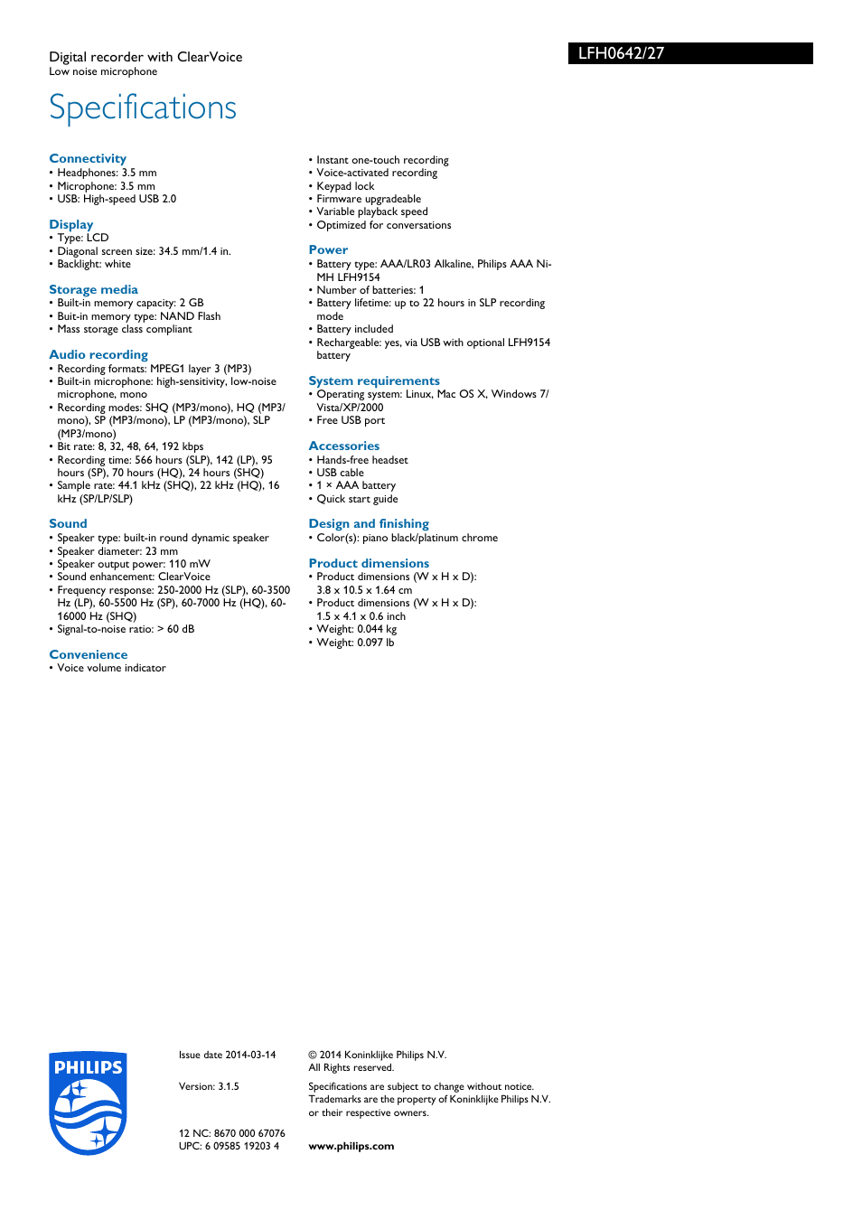 Specifications | Philips LFH0642-27 User Manual | Page 3 / 3