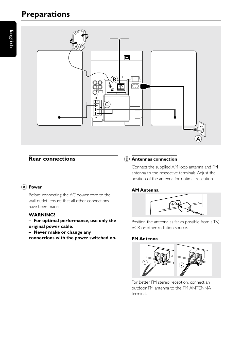 Preparations, Speaker (right) speaker (left), Rear connections | Am loop antenna ac power cord, Fm wire antenna, 10 english | Philips MC-I200-37 User Manual | Page 12 / 39