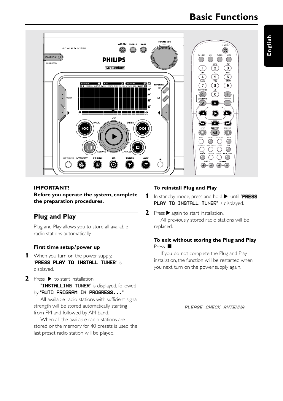 Basic functions, Plug and play | Philips MC-I200-37 User Manual | Page 17 / 39