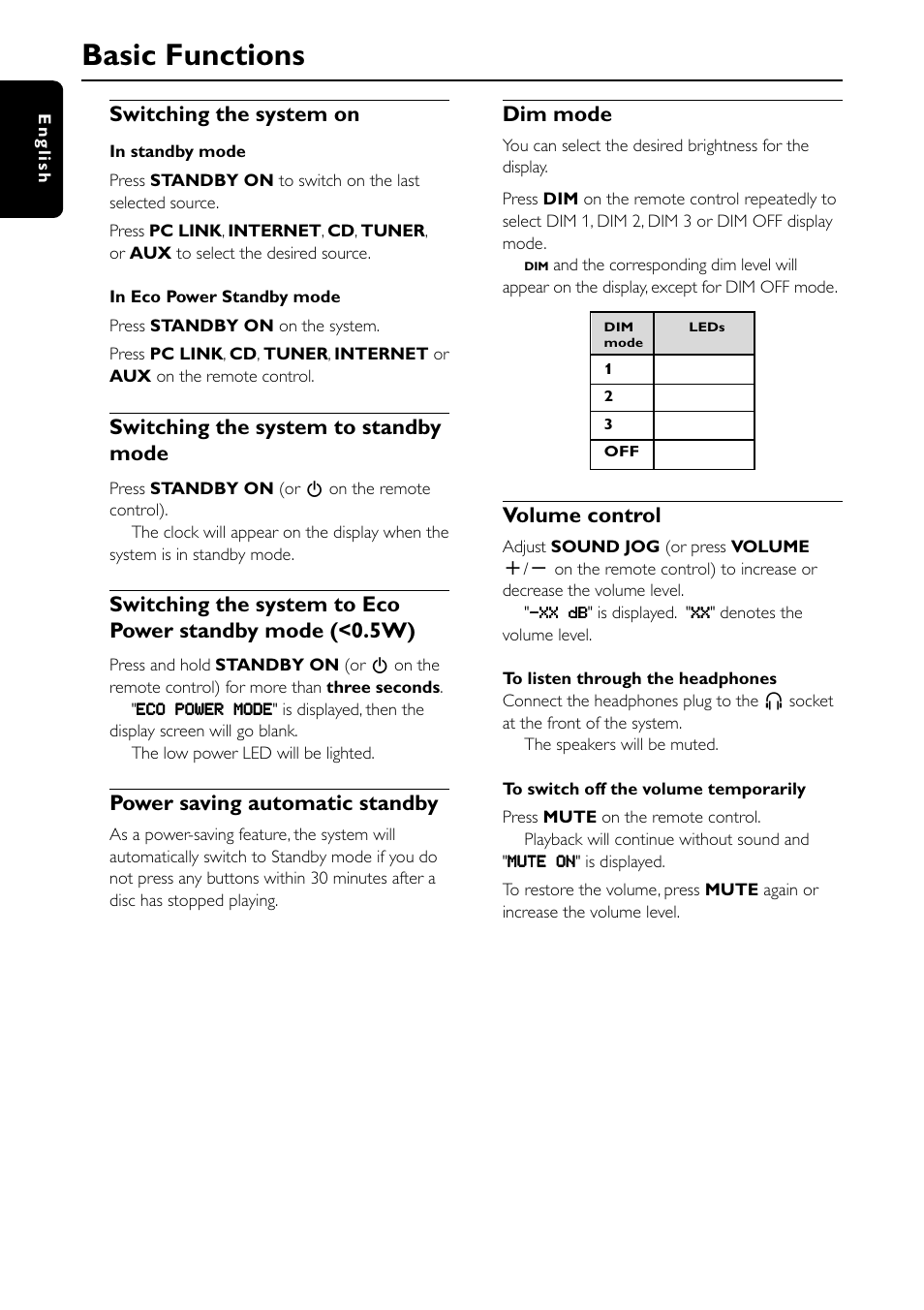 Basic functions, Switching the system on, Switching the system to standby mode | Power saving automatic standby, Dim mode, Volume control | Philips MC-I200-37 User Manual | Page 18 / 39