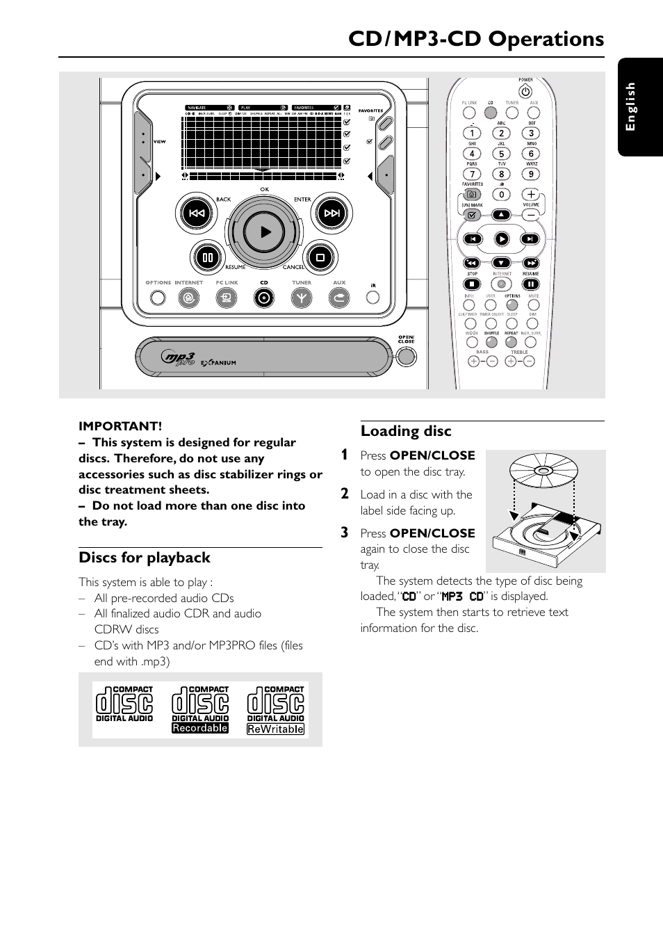 Cd / mp3-cd operations, Discs for playback, Loading disc 1 | Philips MC-I200-37 User Manual | Page 25 / 39