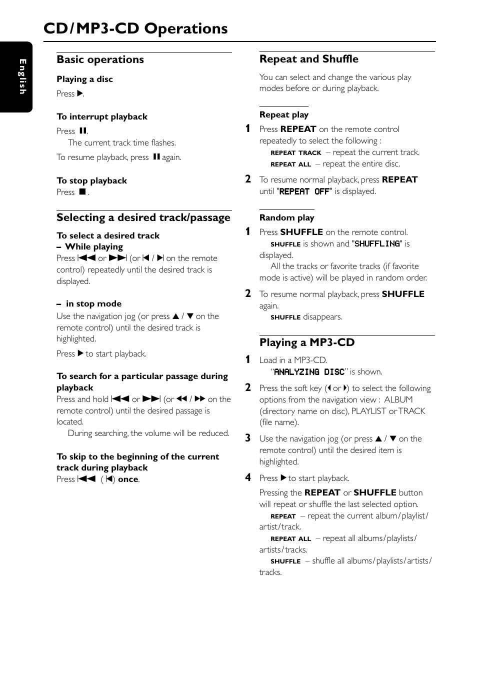 Cd / mp3-cd operations, Basic operations, Selecting a desired track/passage | Repeat and shuffle, Playing a mp3-cd 1 | Philips MC-I200-37 User Manual | Page 26 / 39