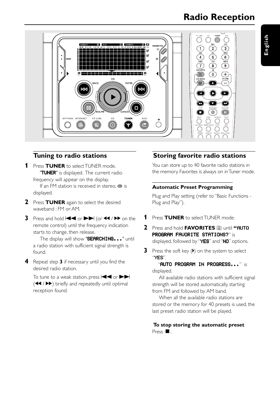 Radio reception, Tuning to radio stations 1, Storing favorite radio stations | Philips MC-I200-37 User Manual | Page 29 / 39