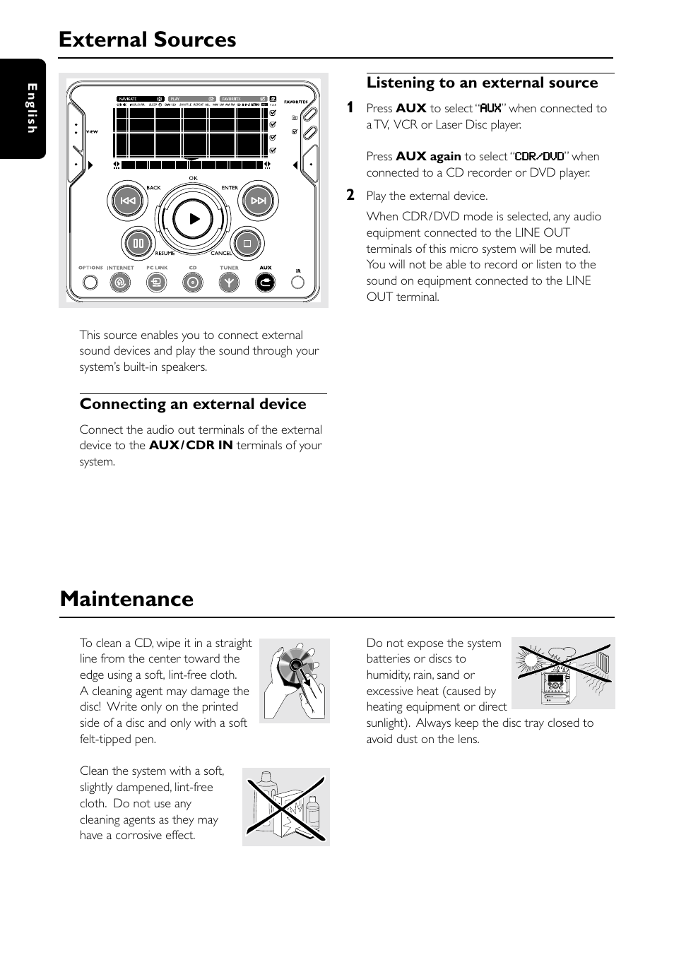 External sources, Maintenance, Connecting an external device | Listening to an external source 1 | Philips MC-I200-37 User Manual | Page 32 / 39