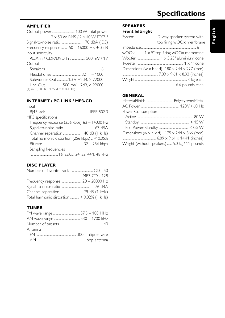 Specifications | Philips MC-I200-37 User Manual | Page 35 / 39