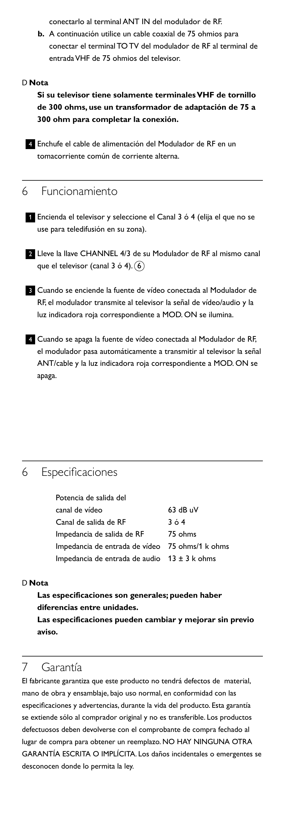 6 funcionamiento, 6 especificaciones, 7 garantía | Philips SWS2100W-27 User Manual | Page 12 / 12