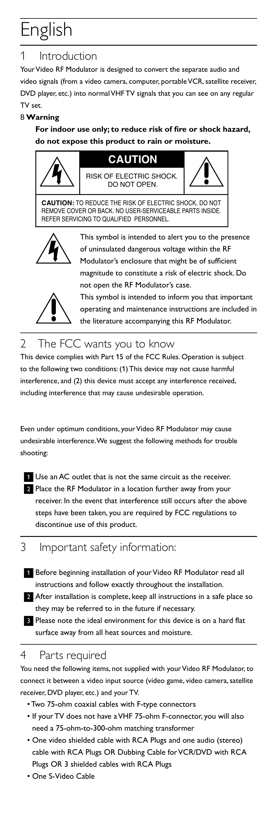 English, 1 introduction, 2 the fcc wants you to know | 3 important safety information, 4 parts required, Caution | Philips SWS2100W-27 User Manual | Page 3 / 12