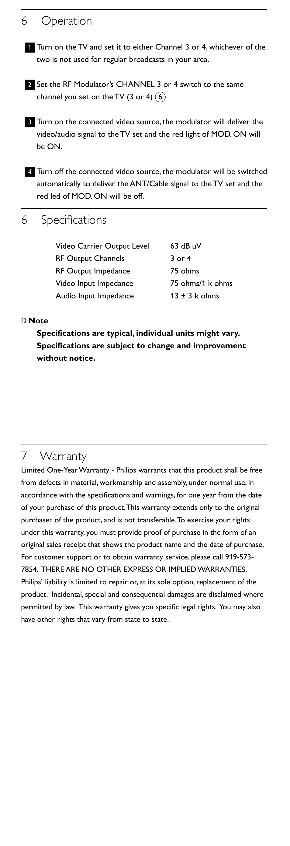 6 operation, 6 specifications, 7 warranty | Philips SWS2100W-27 User Manual | Page 5 / 12